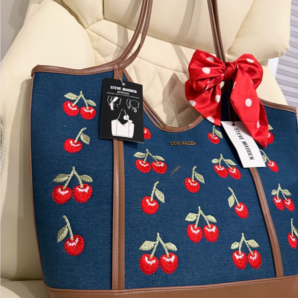 Steve Madden Navy Cherry Embroidered Tote with Brown Trim and Red Bow